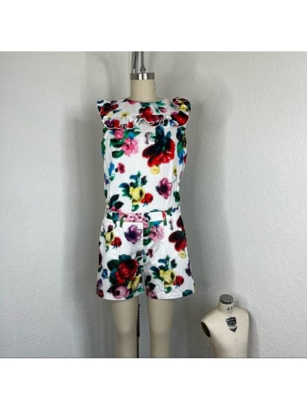 LOVE MOSHINO Pixelated Romper Floral Ruffle Playsuit